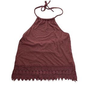 Purple Halter Crop Top Boho Crochet Lace Hem XS